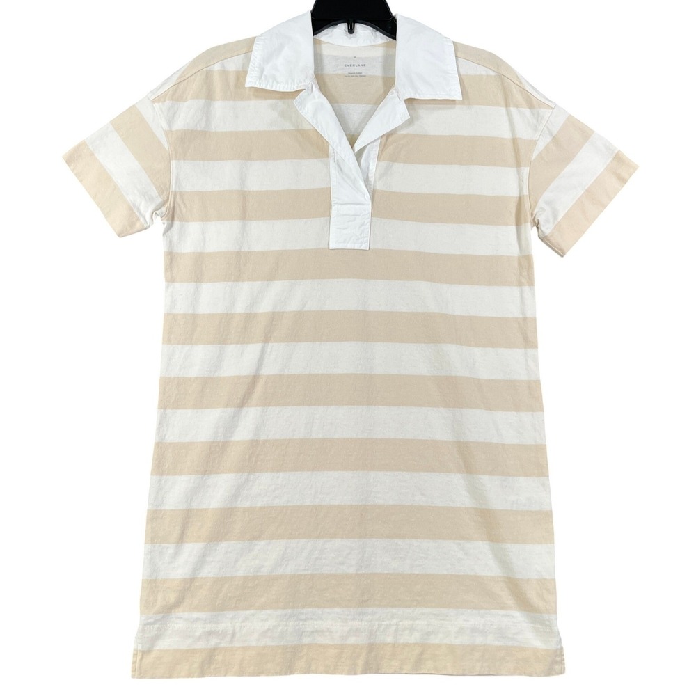 Everlane Organic Cotton Polo Dress Women S Tan White Striped Casual Mini